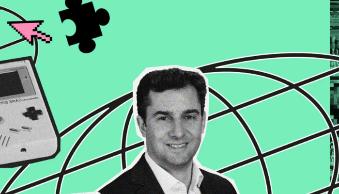 Stanislas CANOVA : le président du fonds hand partners en noir et blanc. Derrière lui, un fond vert